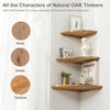 A display of natural oak timber features various knots, holes, and texture elements on wooden floating shelves.