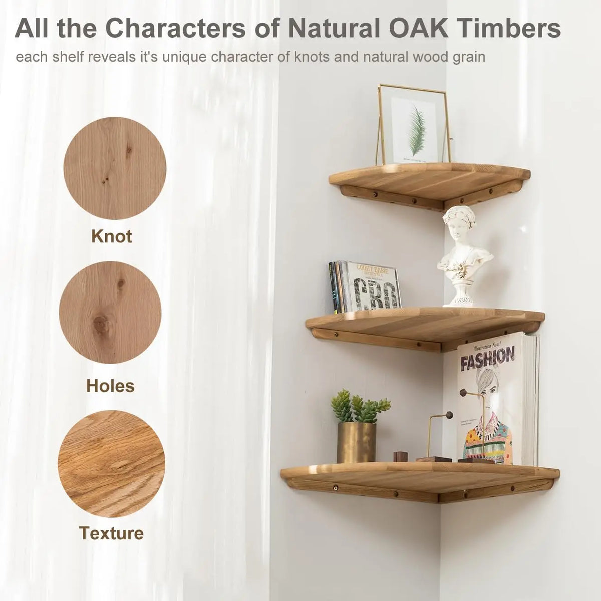 A display of natural oak timber features various knots, holes, and texture elements on wooden floating shelves.