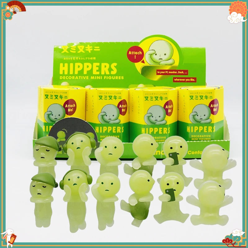 A blind box featuring Hippers decorative mini figures in various shades of green and yellow.