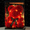 A bright red artificial rose teddy bear illuminated with warm lights inside a clear display box.