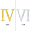 Front and back views of a gold and silver acrylic Roman numeral alphabet set for cake toppers
