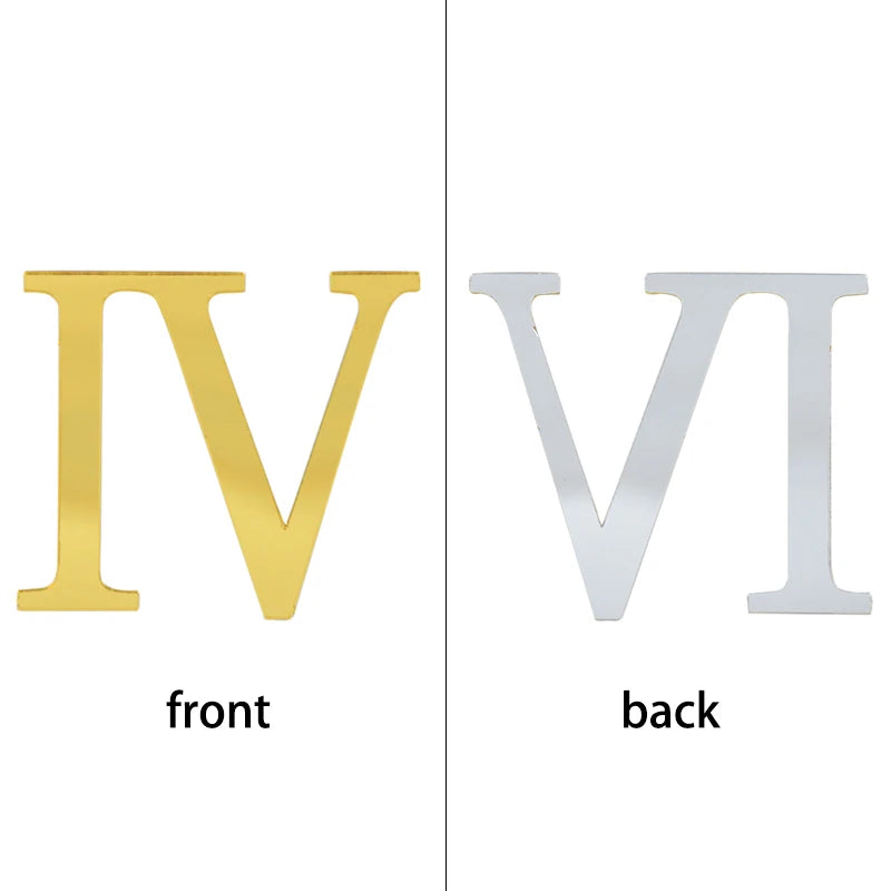 Front and back views of a gold and silver acrylic Roman numeral alphabet set for cake toppers