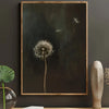 Abstract canvas art featuring a dried dandelion seed head and delicate seed parachutes on a dark background.