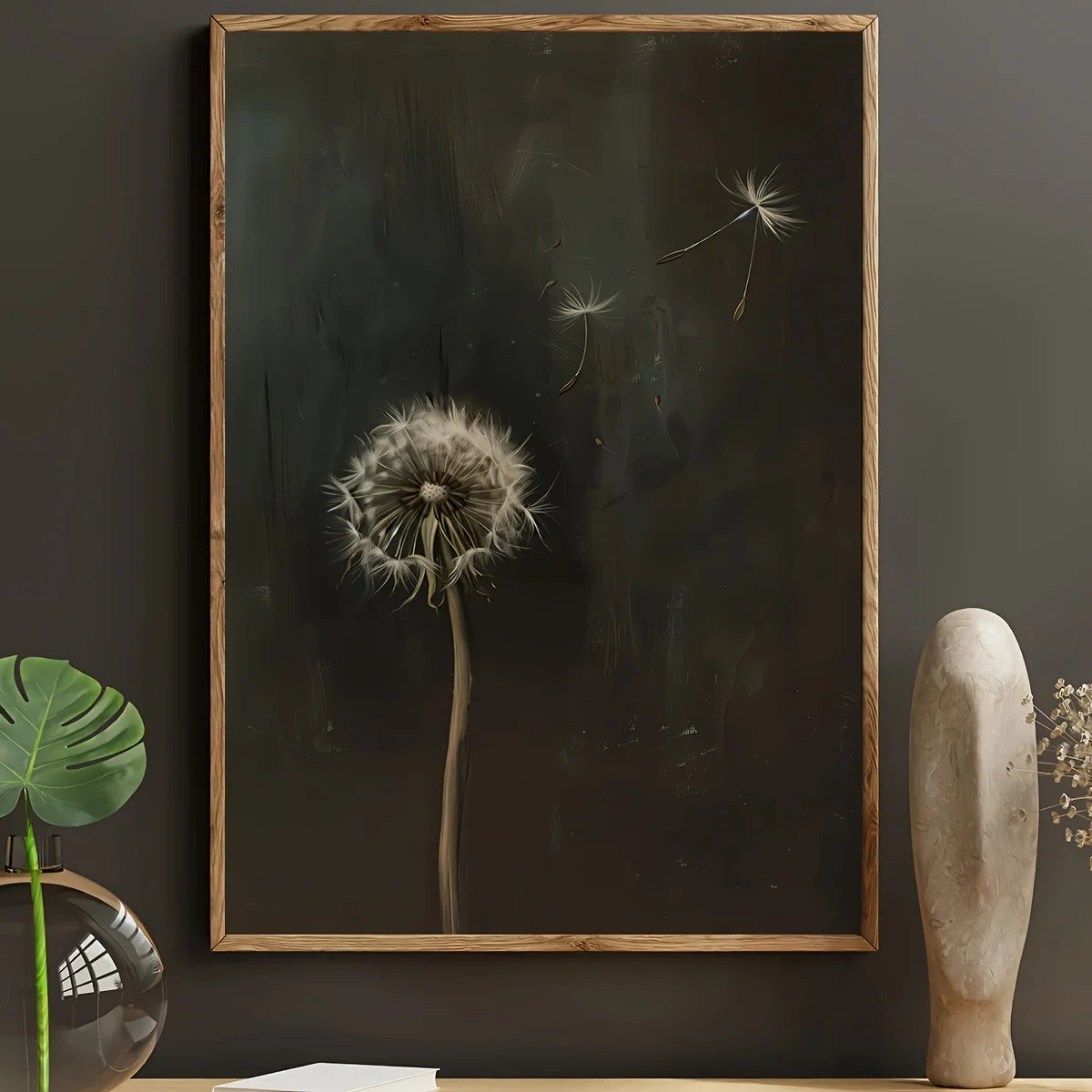 Abstract canvas art featuring a dried dandelion seed head and delicate seed parachutes on a dark background.