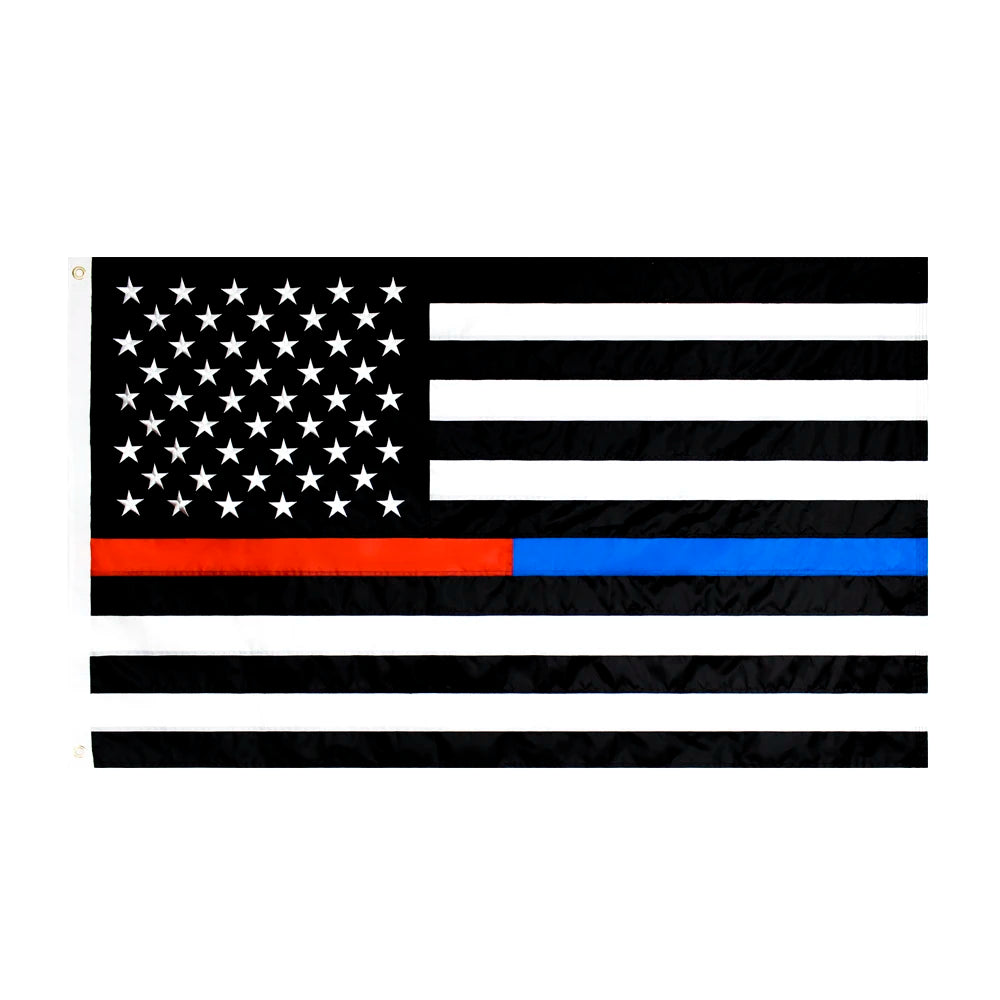 A black flag featuring white stars and horizontal black and white stripes, with a red and blue stripe near the top.