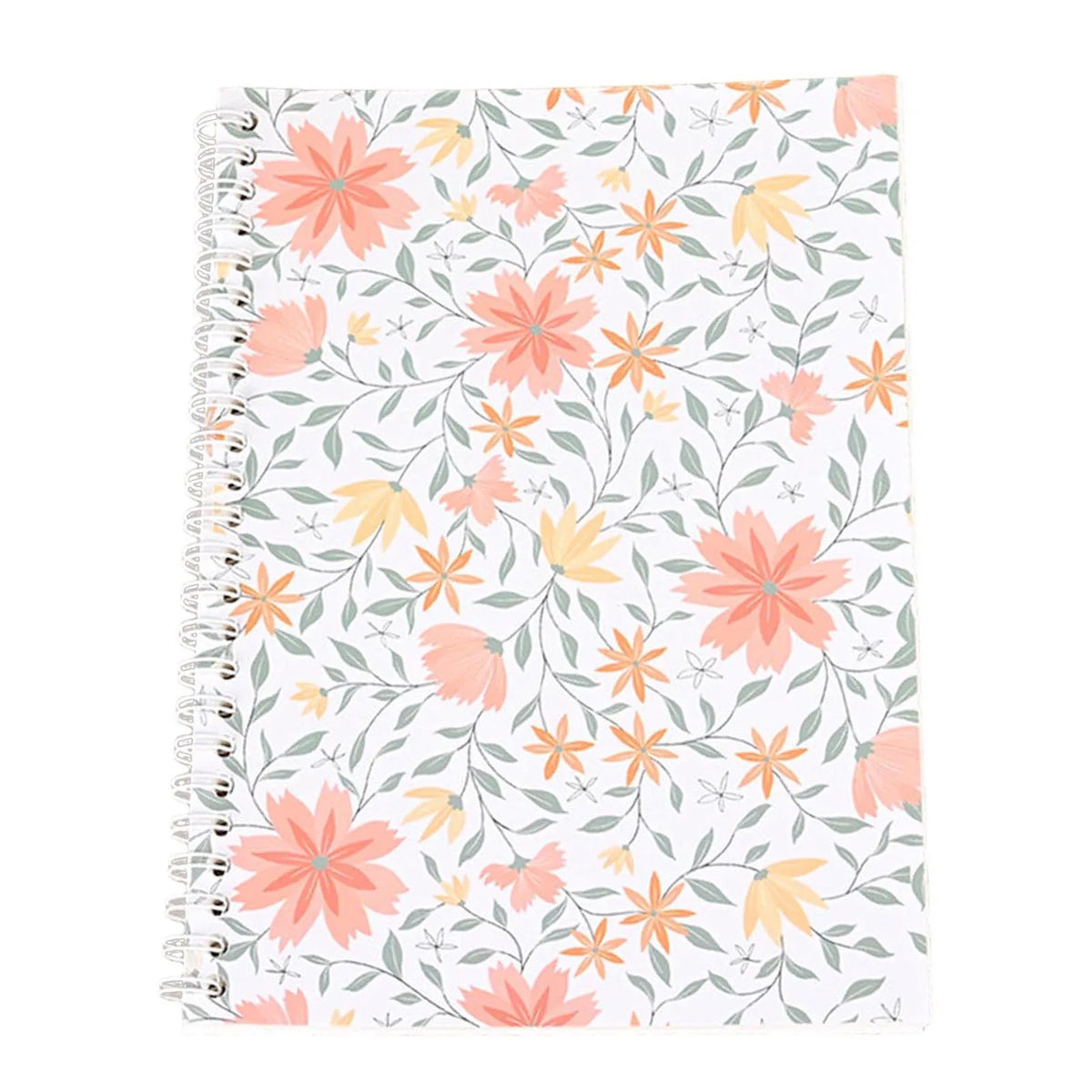 A spiral-bound reusable sticker collecting album featuring a floral pattern of pink, orange, and yellow flowers on a white ba