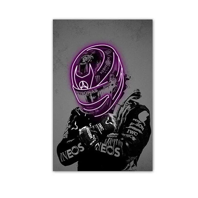 A dark silhouette of a motorcycle helmet with neon purple glow against a gray background.