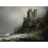 A moody painting of a stone castle atop a cliff overlooking the sea under foggy conditions.