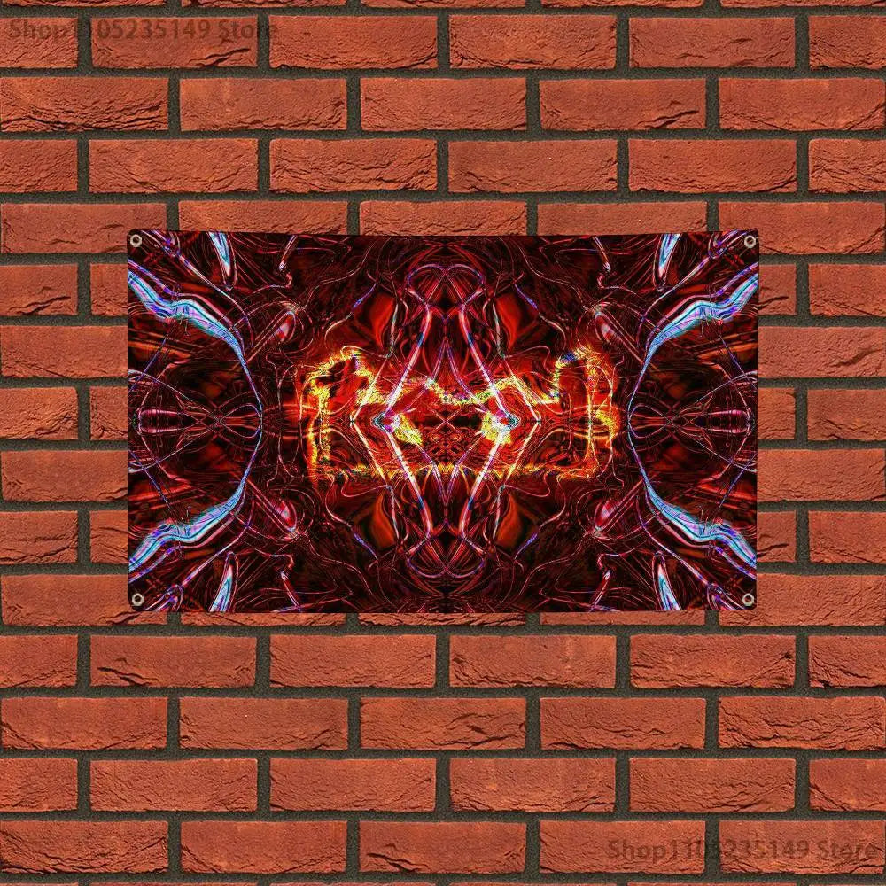 A vibrant, abstract tapestry featuring fiery orange and red light patterns against a dark background.
