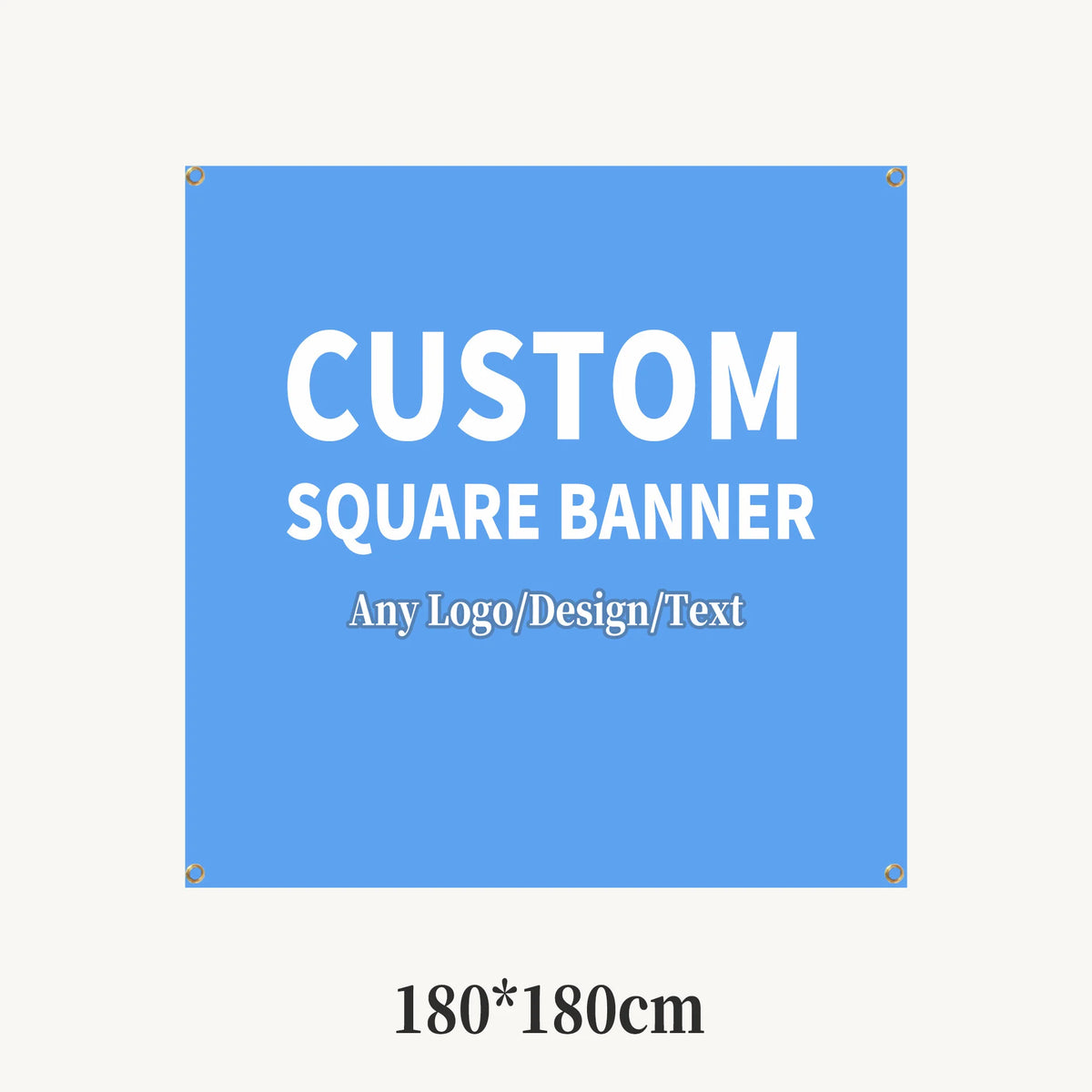A blue square banner template for custom use featuring the text CUSTOM SQUARE BANNER with options for any logo design or text