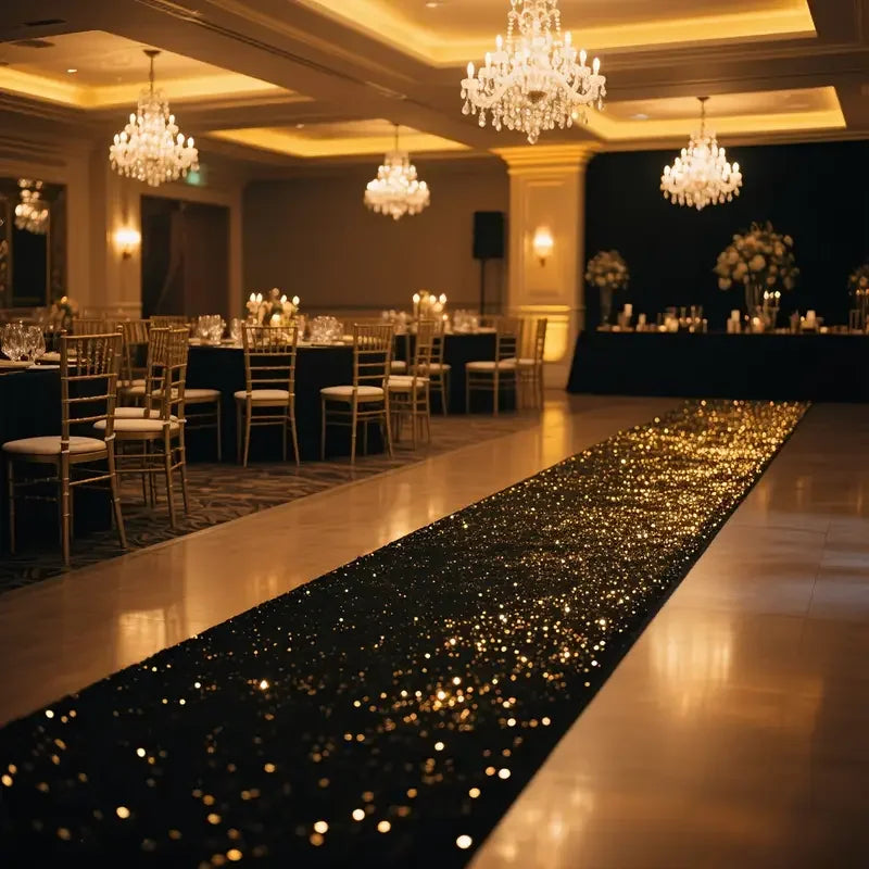 Elegant white sparkling aisle runner leading down a polished hall with chandeliers and dark decor.