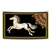 A banner featuring a white horse in motion against a black background with gold and red decorative borders.