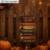 A wooden sign set depicting witch's fall rules carved into a fence, featuring Halloween and autumn decor.