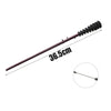 A long, dark brown metal magic wand with a textured black handle and a silver tip.