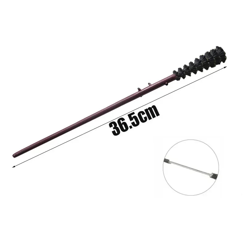 A long, dark brown metal magic wand with a textured black handle and a silver tip.