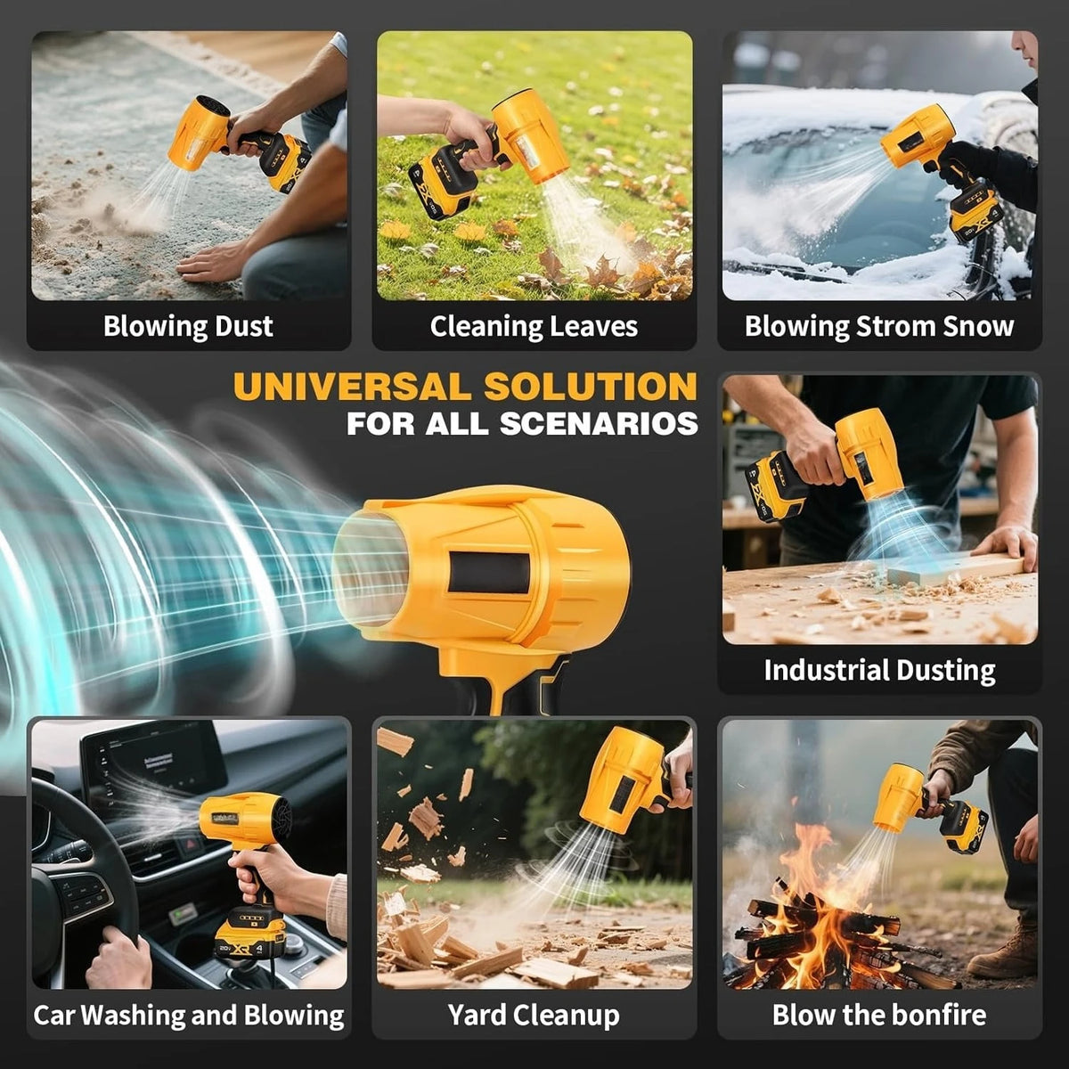 Yellow cordless air blower with brushless motor used for various cleaning tasks like blowing dust, snow, and tending a bonfir