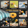 Yellow cordless air blower with brushless motor used for various cleaning tasks like blowing dust, snow, and tending a bonfir