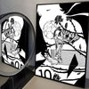 Black and white canvas print featuring a stylized soccer ball and goal net design.