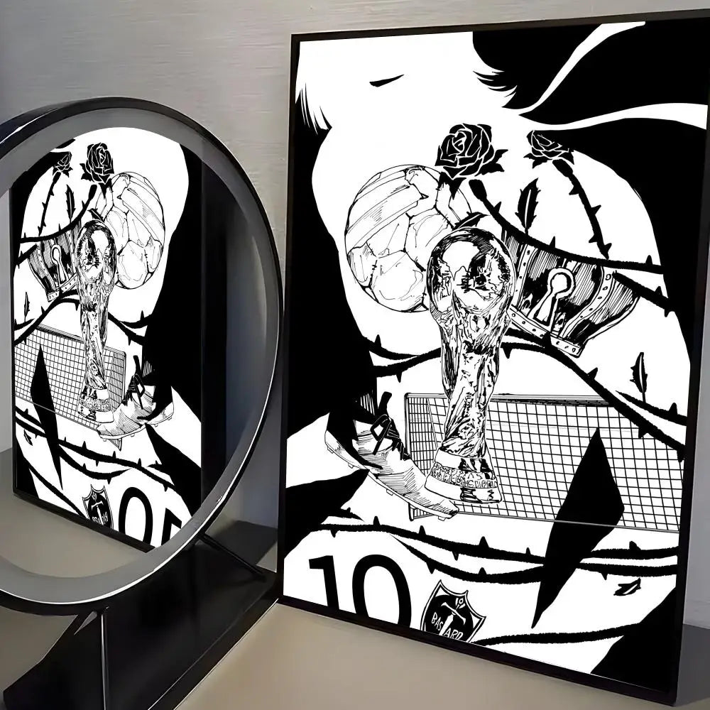 Black and white canvas print featuring a stylized soccer ball and goal net design.