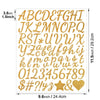A set of gold glitter alphabet letter stickers including uppercase letters, lowercase letters, numbers, and symbols