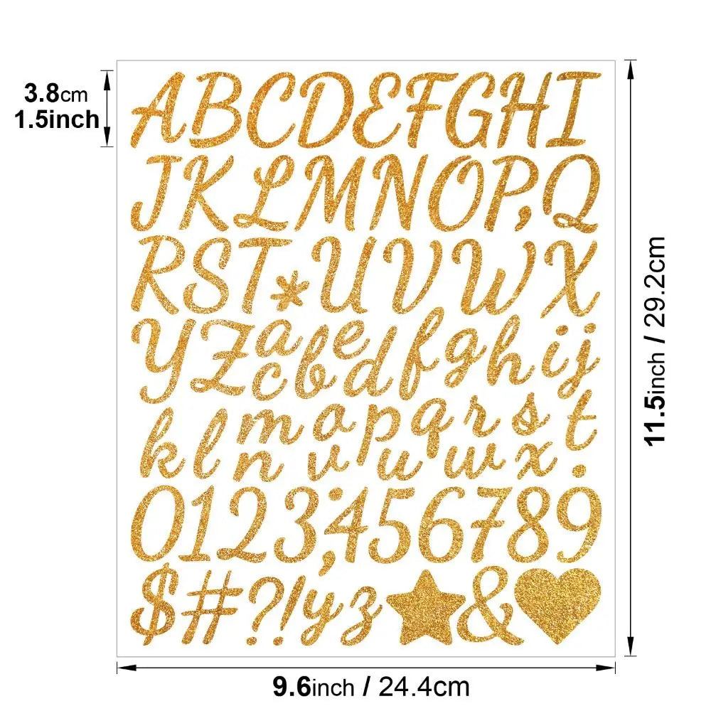 A set of gold glitter alphabet letter stickers including uppercase letters, lowercase letters, numbers, and symbols