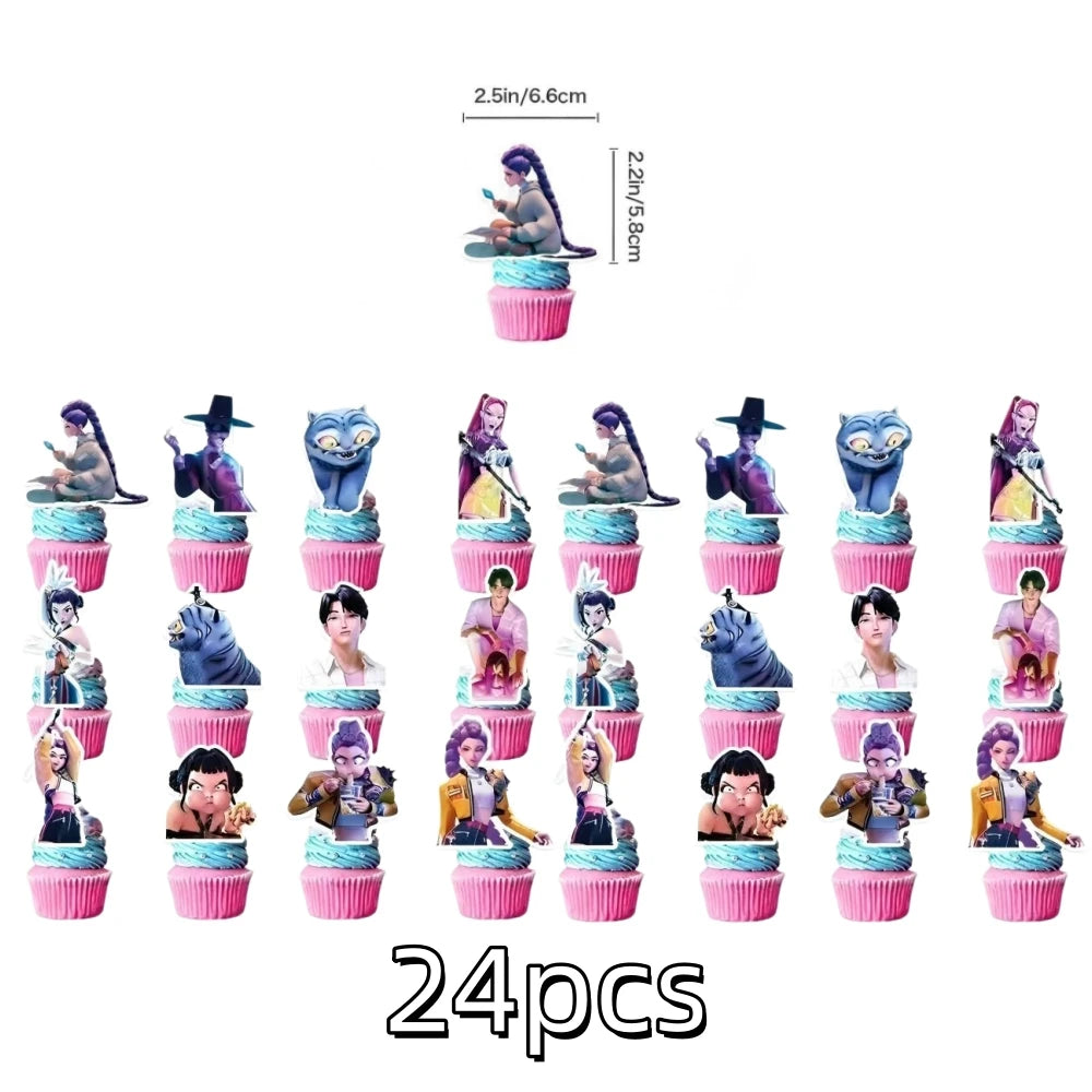 A set of 24 anime hunter girl cake toppers featuring various characters in different poses and colors.