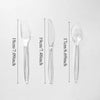 A set of clear plastic cutlery including a fork, knife, and spoon, shown with size measurements.
