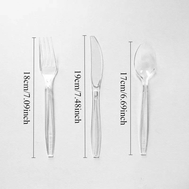 A set of clear plastic cutlery including a fork, knife, and spoon, shown with size measurements.