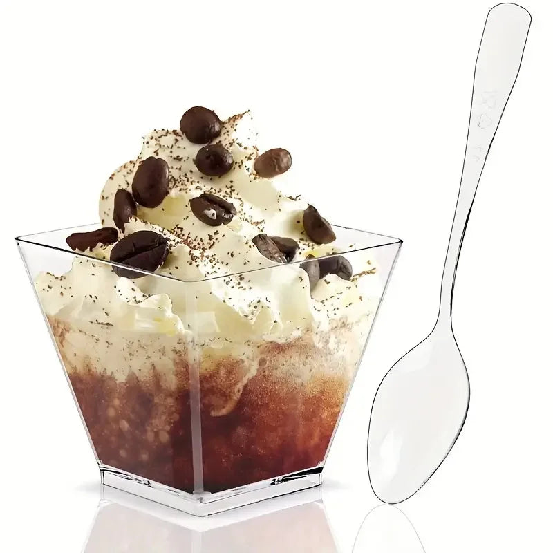 Clear Plastic Mini Dessert Cups with Spoons – Square Parfait & Appetizer Bowls for Parties
