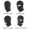 A set of black BDSM headgear including an inclusive headgear, peephole headgear, and an open mouth headgear.