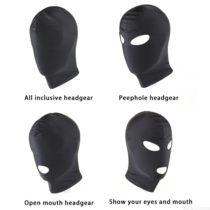 A set of black BDSM headgear including an inclusive headgear, peephole headgear, and an open mouth headgear.