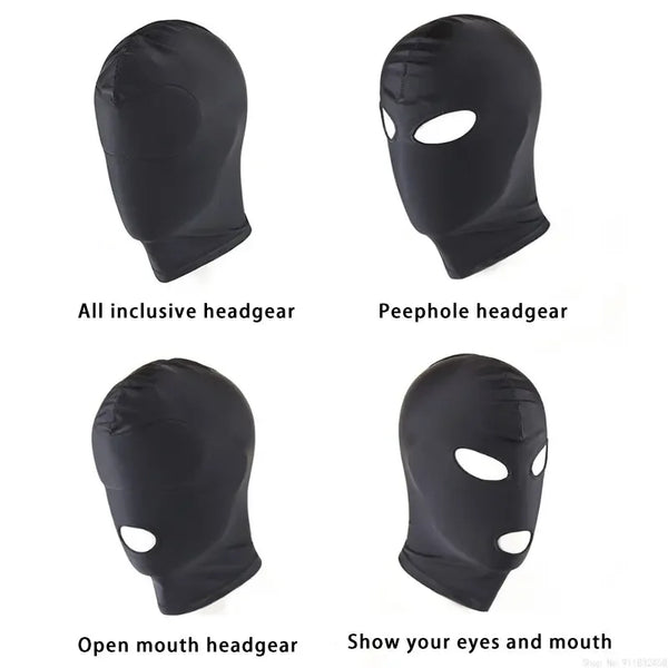 A set of black BDSM headgear including an inclusive headgear, peephole headgear, and an open mouth headgear.
