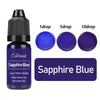 A bottle of Sapphire Blue liquid pigment with dropper tips showing 1, 5, and 10 drops.