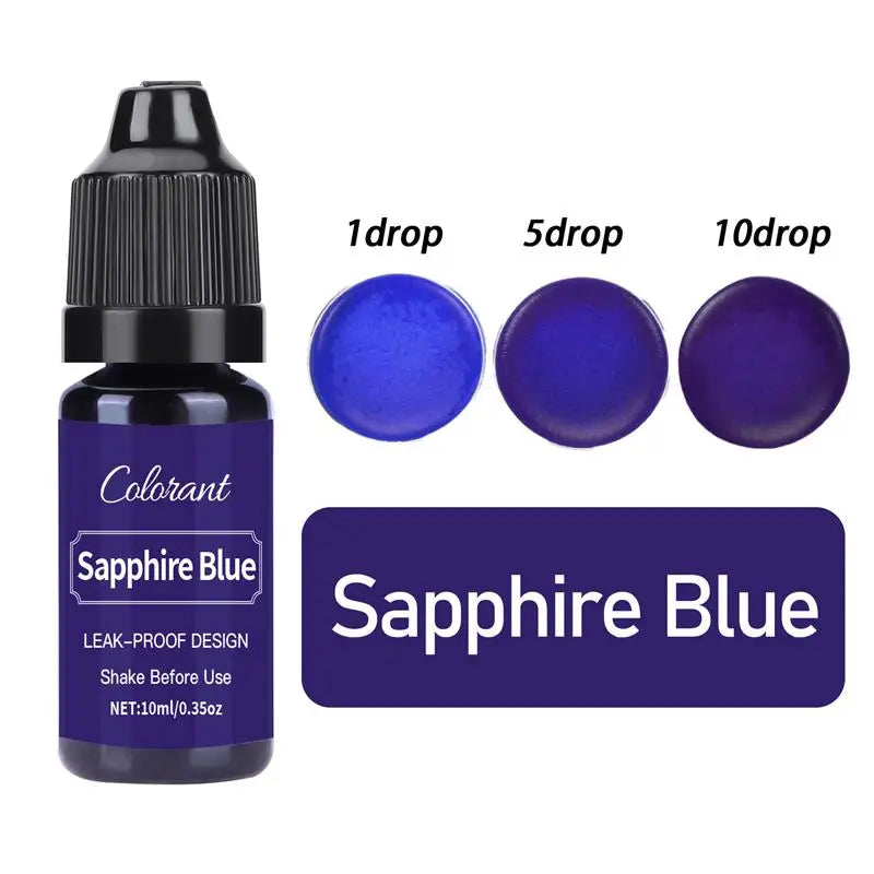 A bottle of Sapphire Blue liquid pigment with dropper tips showing 1, 5, and 10 drops.