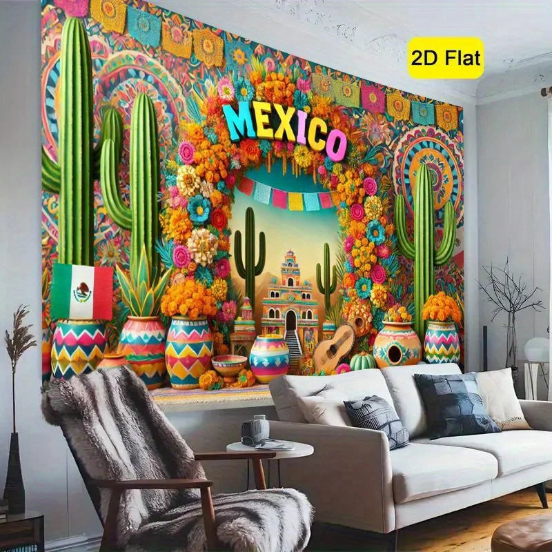 A vibrant Mexican fiesta photography backdrop featuring colorful cacti, flowers, and decorative elements.