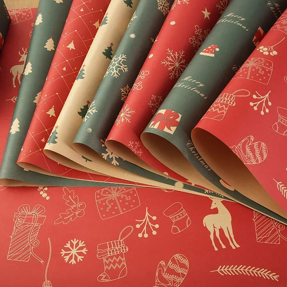 Rolls of festive red and green Christmas kraft wrapping paper featuring holiday patterns