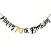 Elegant black and gold glitter banner spelling out Happy 70th Birthday