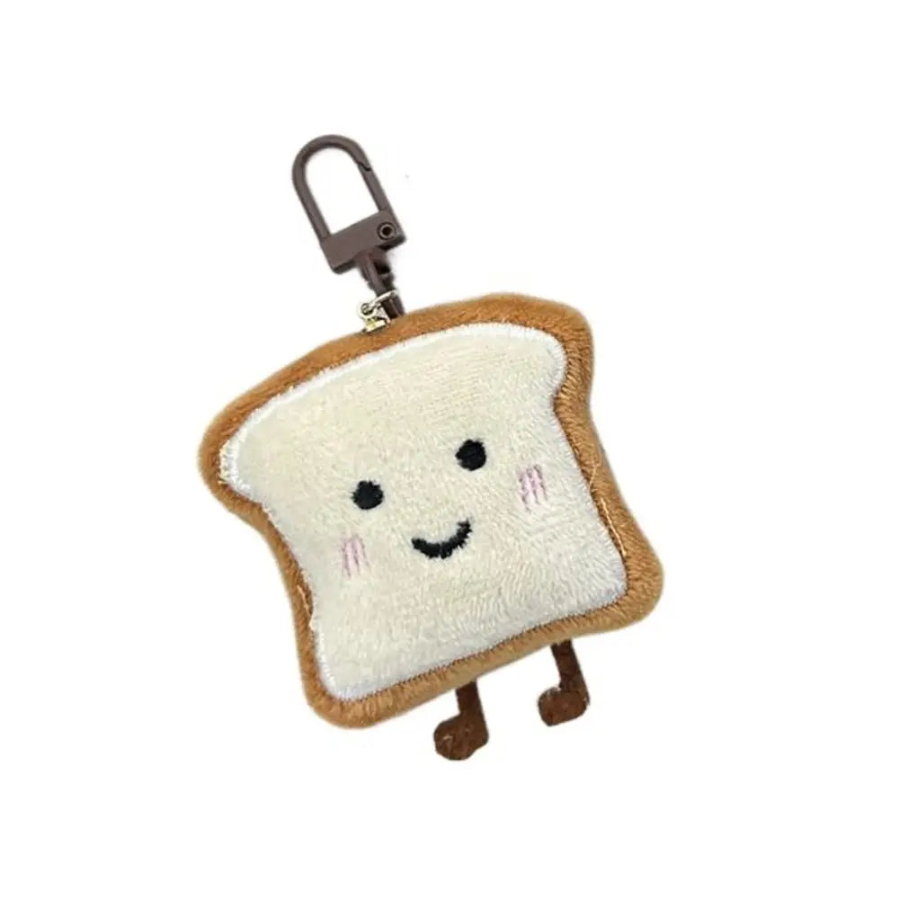 Adorable toast bread plush keychain charm with a brown leather loop.