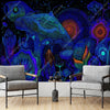 A dark tapestry featuring psychedelic UV patterns and glowing geometric shapes in shades of blue, purple, and orange.