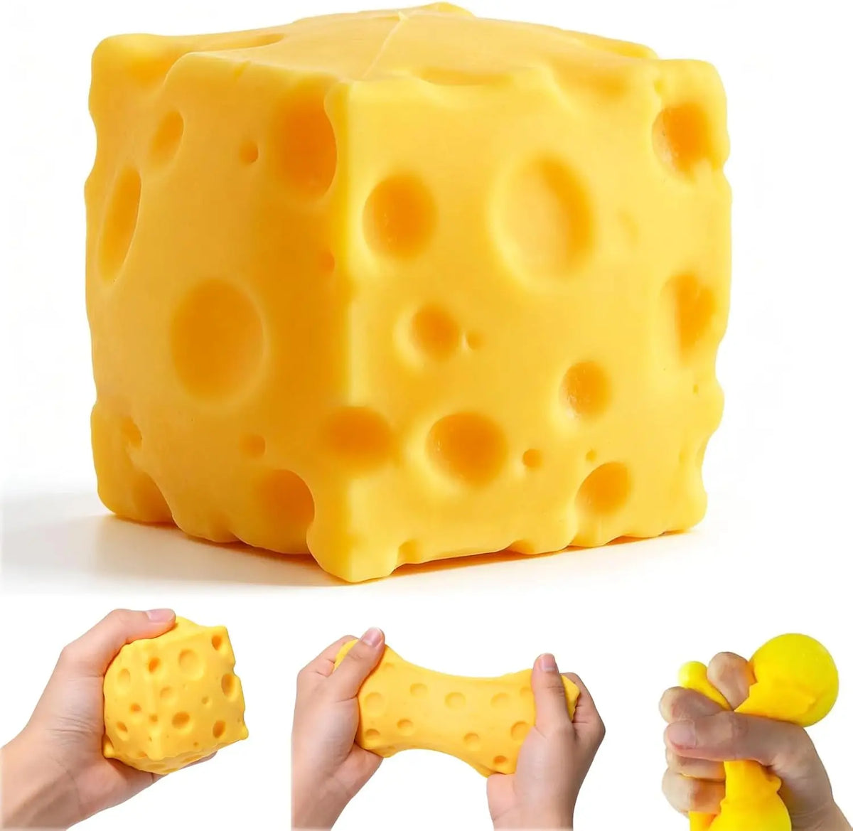 A large yellow cheese squishy toy is shown in various forms and being held by hands.