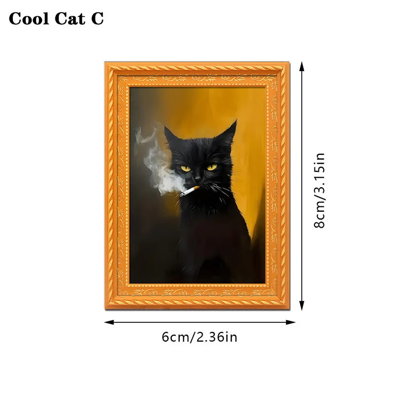 A framed picture of a black cat blowing smoke, featuring an orange-toned frame.