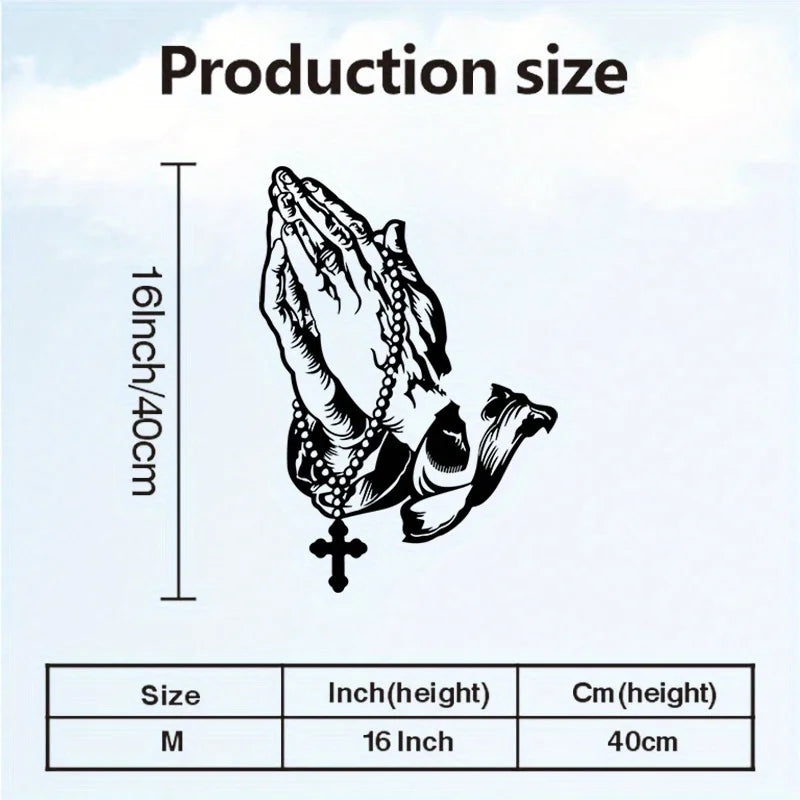 Diagram showing the production size of Praying Hands Metal Wall Art, with dimensions listed as 16 inches or 40cm.