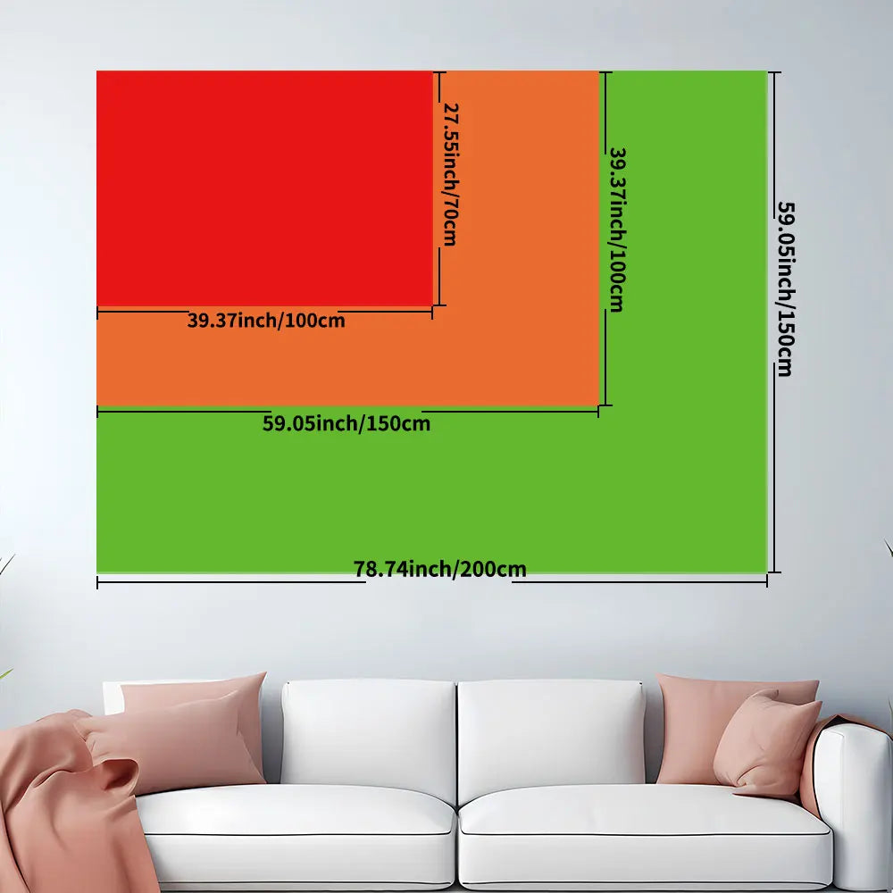 A rectangular tapestry design featuring three vertical color blocks: red, orange, and green.
