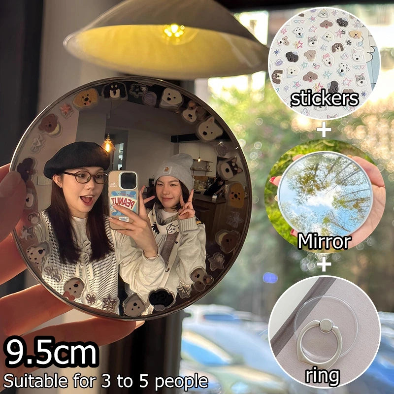 Round convex mirror with stickers, suitable for 3 to 5 people, and a ring.