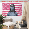 A tapestry featuring an avatar-inspired Neytiri figure in blue skin against a pink and white striped flag background.