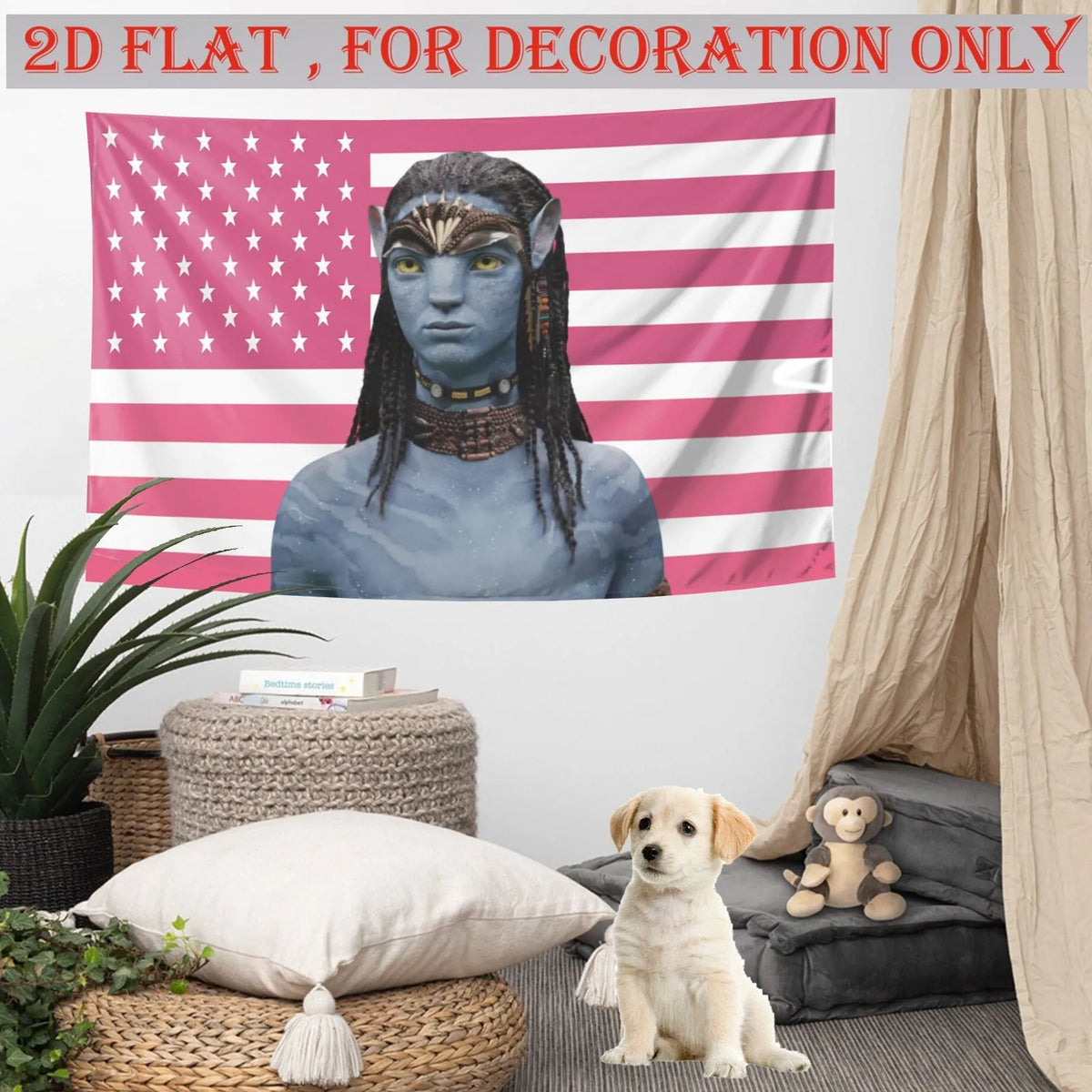 A tapestry featuring an avatar-inspired Neytiri figure in blue skin against a pink and white striped flag background.