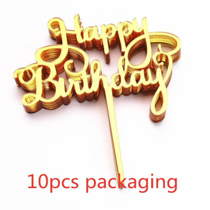 A set of ten gold acrylic happy birthday cake toppers with a stick.