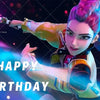 A female character with purple hair in a futuristic outfit holds a glowing sword against a dark background for a birthday pho