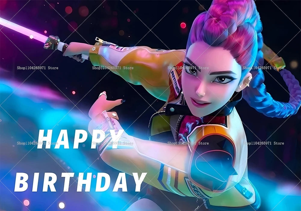A female character with purple hair in a futuristic outfit holds a glowing sword against a dark background for a birthday pho