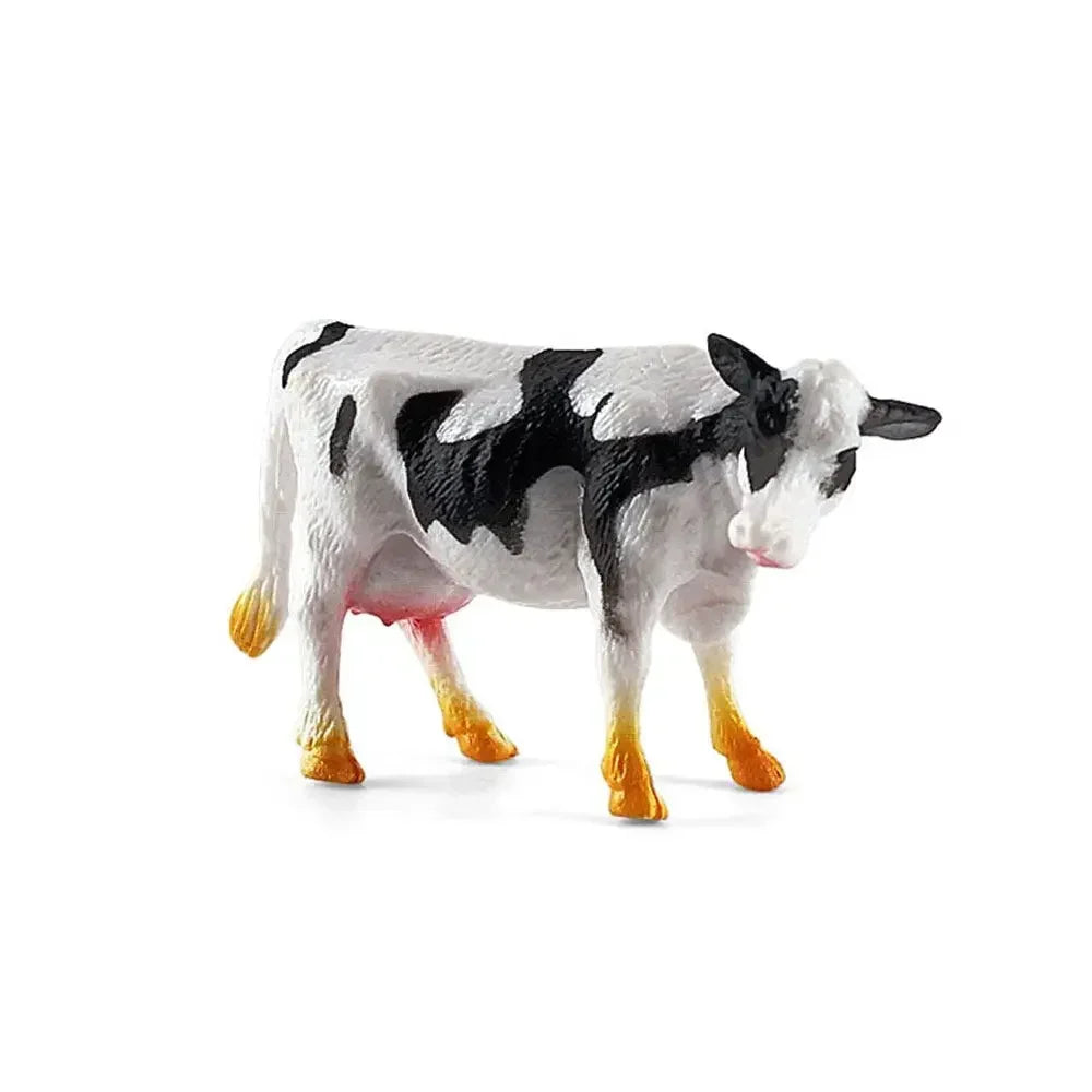 A realistic figurine of a black and white cow with pink accents.